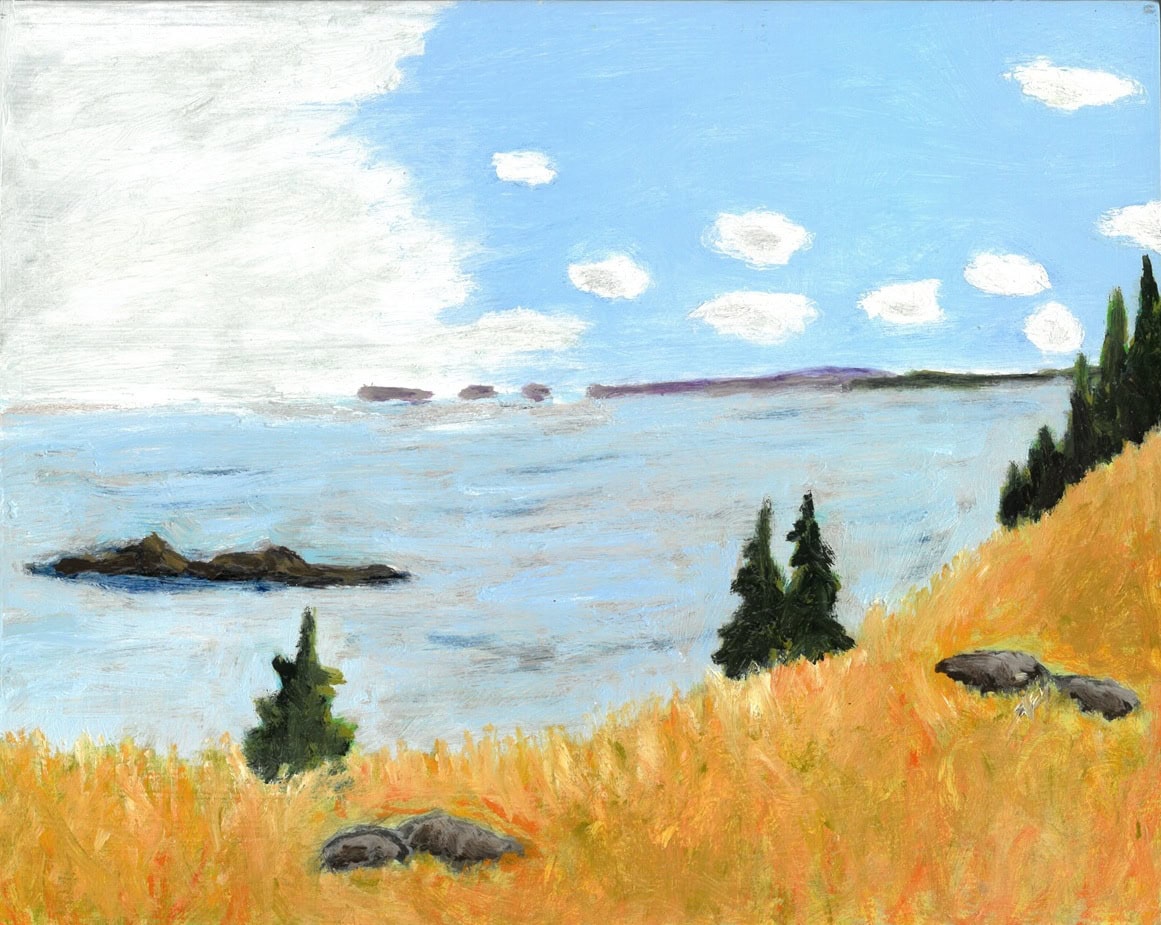 Photo of an oil painting by Blair Folts featuring a seaside landscape in Maine with a grassy field in the foreground, with the ocean and islands under a blue sky with white puffy clouds.