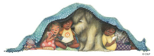 Three children and a large furry creature sit under a blanket, reading a book together, surrounded by stuffed animals and cozy items.