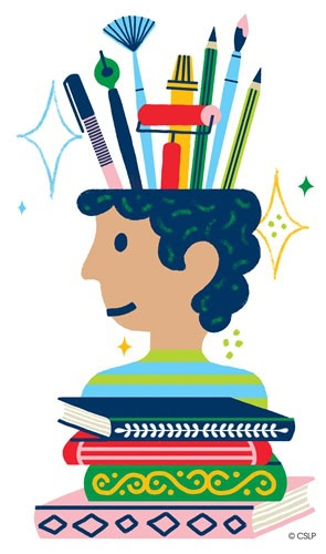 Drawing of a child in front of a stack of books with various artist tools including brushes, pencils, markers, coming out of the top of their head.