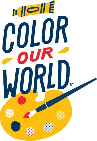 Logo for 2025 Collaborative Summer Library Program showing artist's palette with brush and paint tube with words "Color Our World."