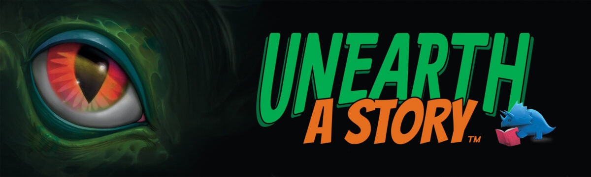 cslp summer reading slogan showing drawing of dinosaur eye with words "unearth a story"