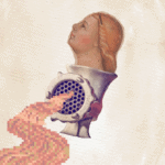 A heritage painting of a beautiful woman's head in profile is shown jutting out of a silver machine for meat grinding and mincing, with a pixilated flesh-coloured stream shown as running out the holes of the grinder.