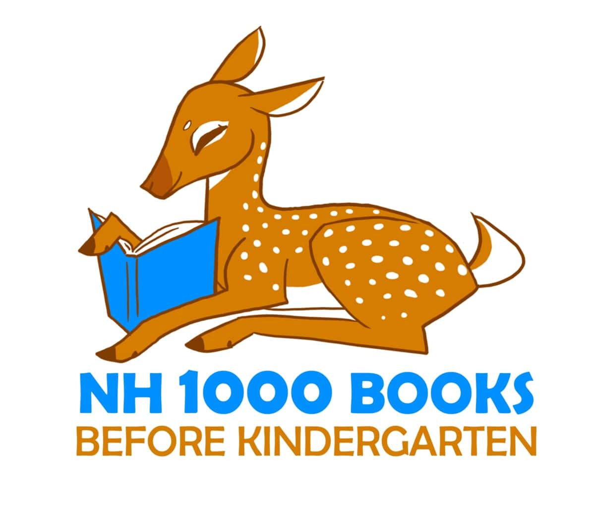 Illustration of a fawn reading a blue book with the text “NH 1000 Books Before Kindergarten” underneath.