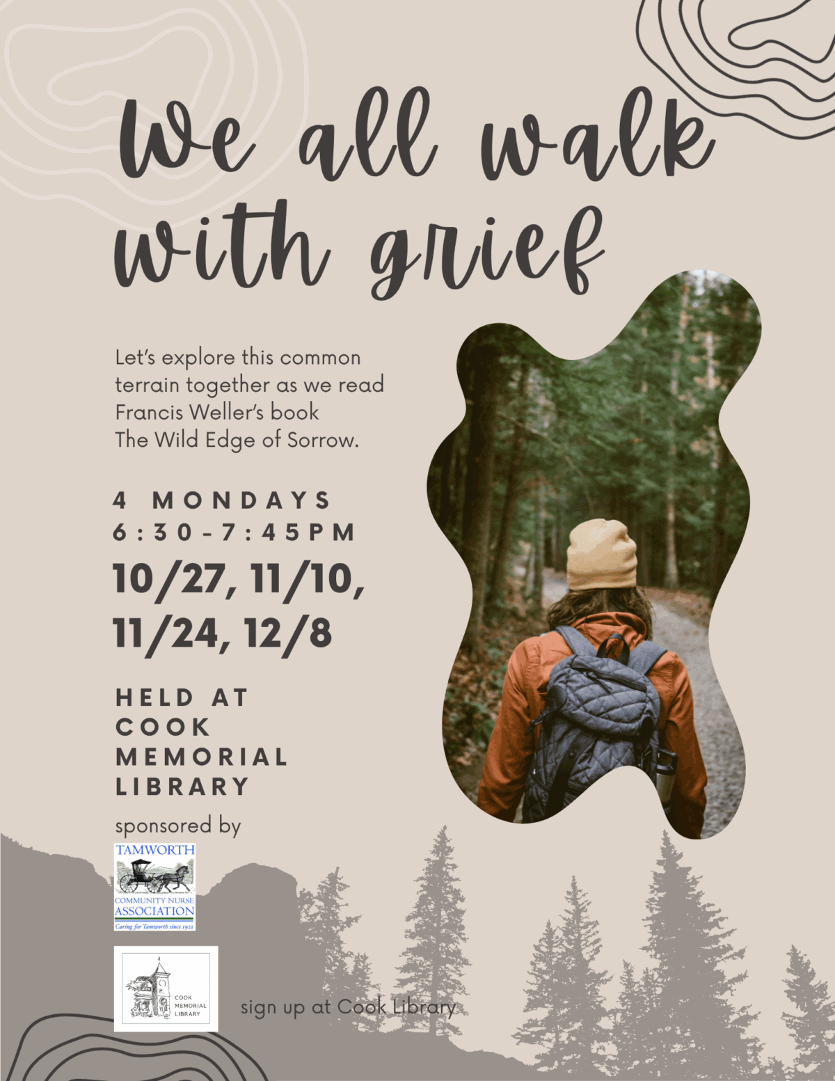 Flyer for the Walking with Grief reading and discussion group, information duplicated in the attached post. 