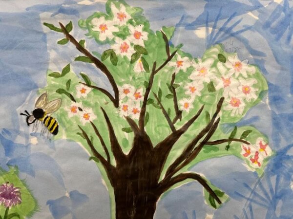 painting of an apple tree in blossom and a bee
