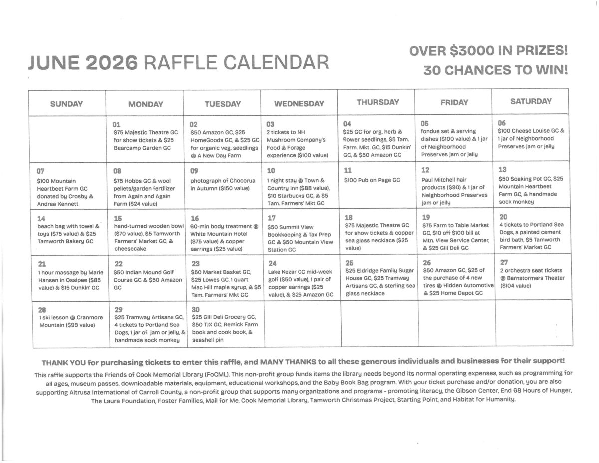 June calendar raffle ticket showing lists of prizes to be awarded on each day of June 2026