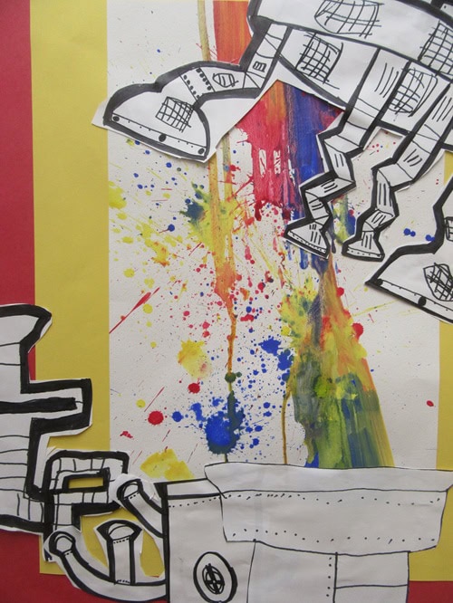 Drawing of imaginary mechanical robotlike mechanisms floating over multi-colored paint swirls