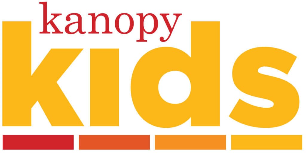 Kanopy Kids logo with "kanopy" in red lowercase letters above "kids" in large orange and yellow font, with four colored rectangles underneath.