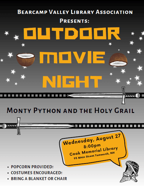 poster image for an outdoor movie event on August 27 at the Cook Memorial Library in Tamworth
