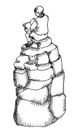 Illustration of a person sitting on top of a tall, layered rock formation, holding an open book and facing away from the viewer.