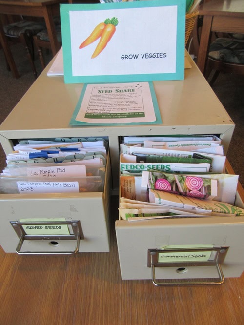 Two drawers labeled "Saved Seeds" and "Commercial Seeds" hold packets of seeds. A sign on top says "Grow Veggies" with a carrot illustration.