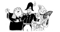 Logo image for Yeoman's Fund for the Arts, a drawing of three actors dressed in theater costumes